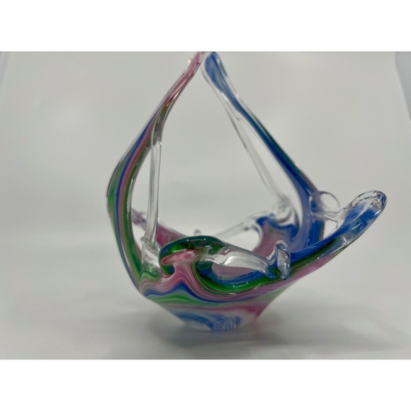 VNTG Murano Multi-Color Pastel Swirl Hand-Blown Art Glass Basket Bowl Easter - Picture 7 of 10